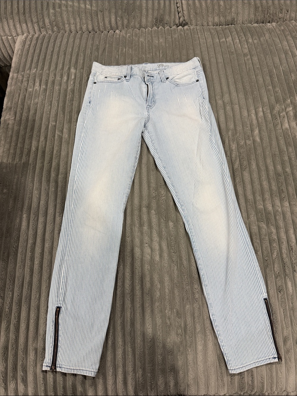 J. Crew Light Blue and White Striped Skinny Jeans with Ankle Zips